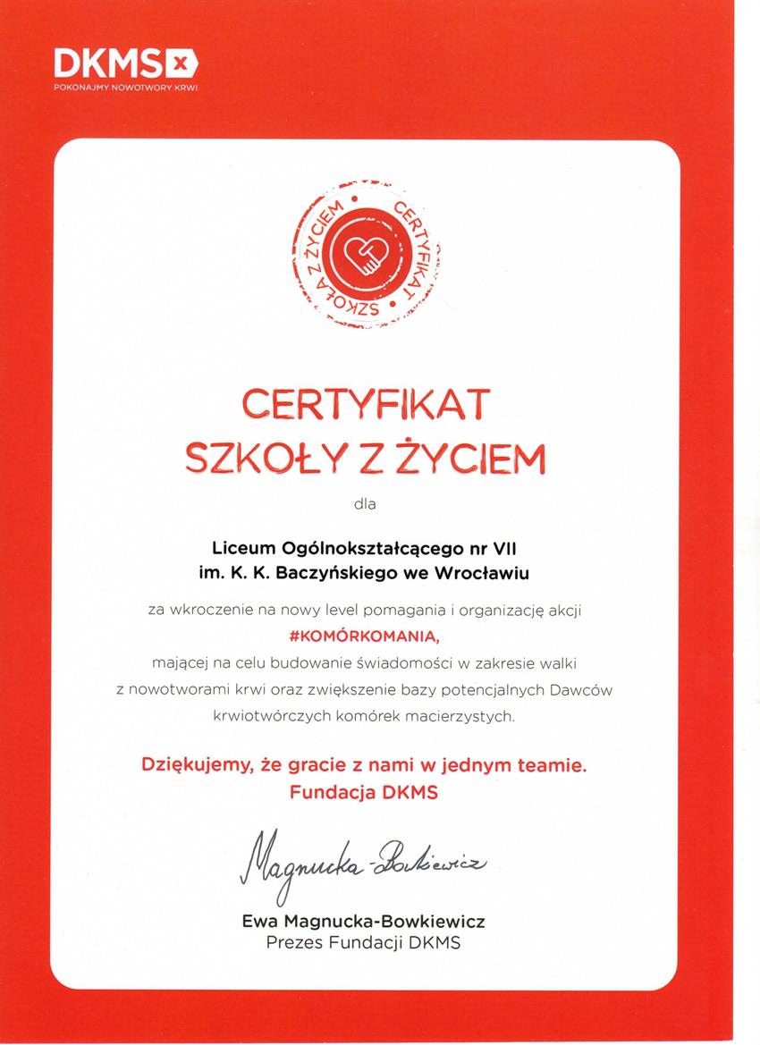 certyfikat szkola z zyciem