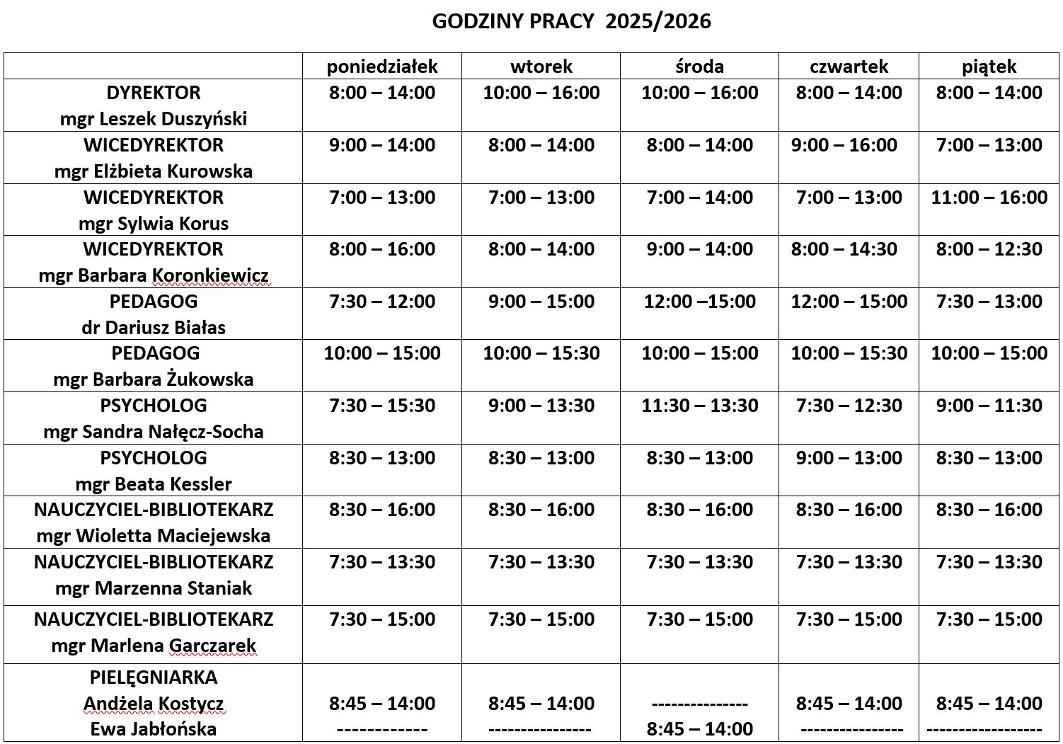GODZINY PRACY 2025 2026